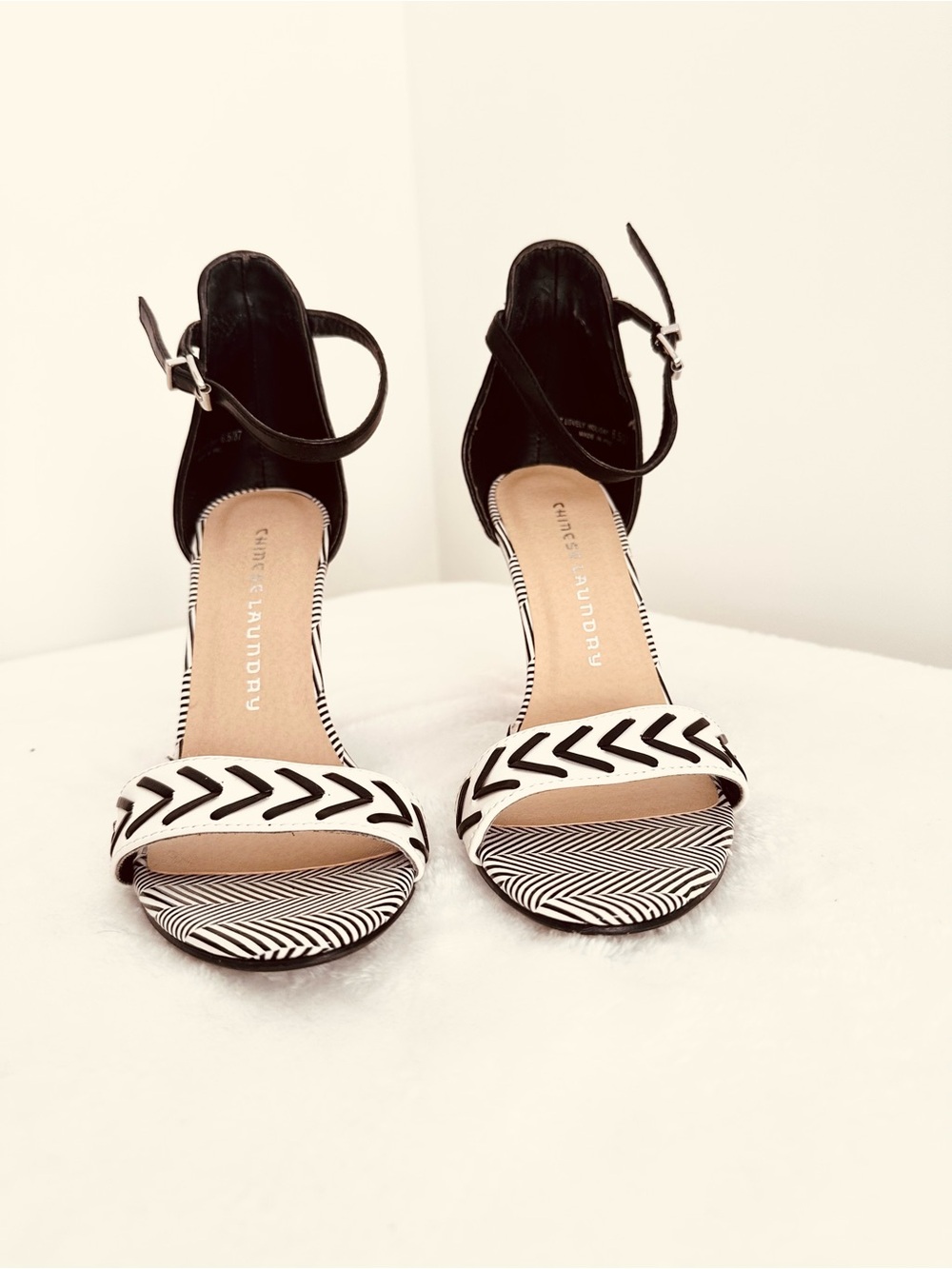 Chinese Laundry Black & White Patterned Ankle-Strap Heels